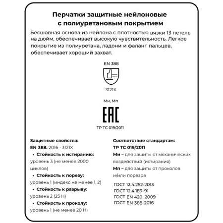 Перчатки защитные нейлоновые с полиуретановым покрытием белые размер 7