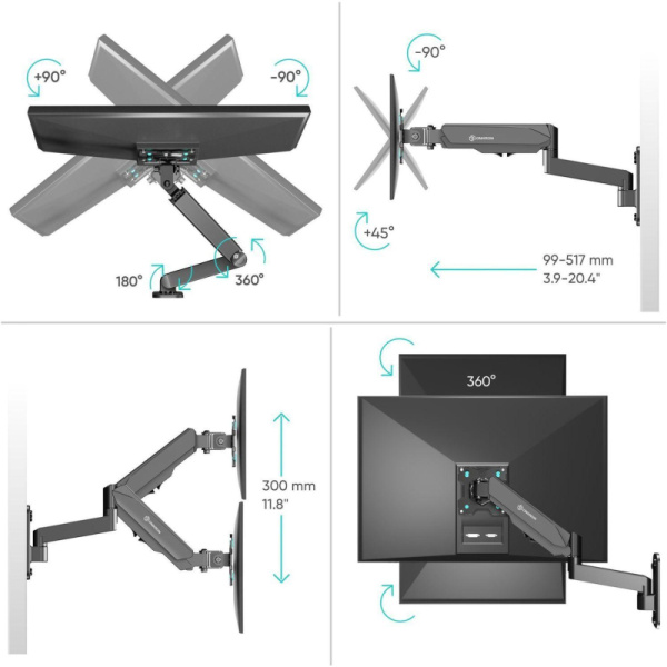 Кронштейн Onkron G150, TV 13-34, газлифт, настенный, наклонно-поворотн, чер