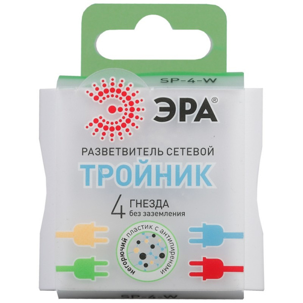 Тройник ЭРА, 4 роз/16А/3500Вт, без заземл, белый, SP-4-W