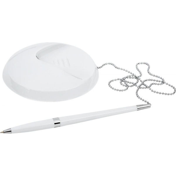 Ручка шариковая на подставке на липучке KP1009 в держателе с цепочк цв.бел