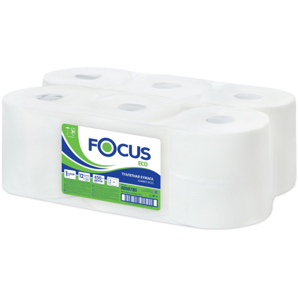 Бумага туалетная д/дисп Focus Eco Jumbo 1сл бел цел 450м 12рул/уп 5050785