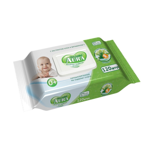 Салфетки влажные AURA для детей ULTRA COMFORT 120шт с крышкой 6474