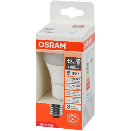 Лампа светодиодная OSRAM 10/12Вт Е27 1060Лм 4000К, груша