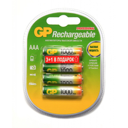 Аккумулятор GP 1000 ser. (min 950mAh) AAA/HR03, 100AAAHC3/1-2DECRC4,бл/4шт