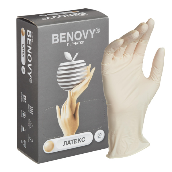 Мед.смотров. перчатки латекс, н/c,н/о,текстур беж/натур Benovy (XL) 50 п/уп