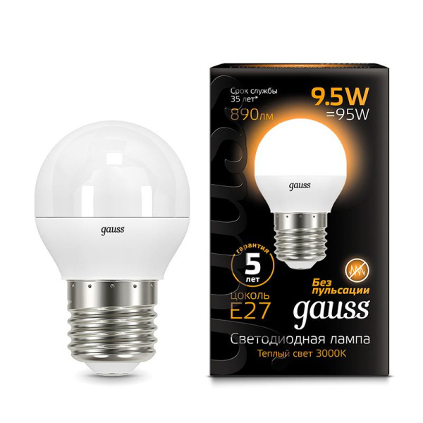Лампа светодиодная Gauss LED Шар E27 9.5Вт 890Лм 3000K (105102110)