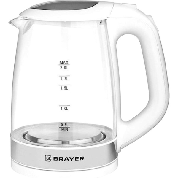 Чайник электрический BRAYER BR1040WH, 2220Вт, 2 л, стекл., белый