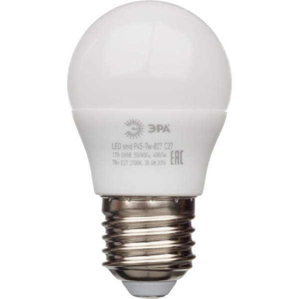 Лампа светодиодная Эра 7W E27 2700k тепл.бел. шар ЭРА smd P45-7W-827-E27