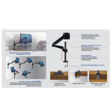 Кронштейн Kromax OFFICE-11, мон 10-32, настольный, наклонно-поворотный, сер